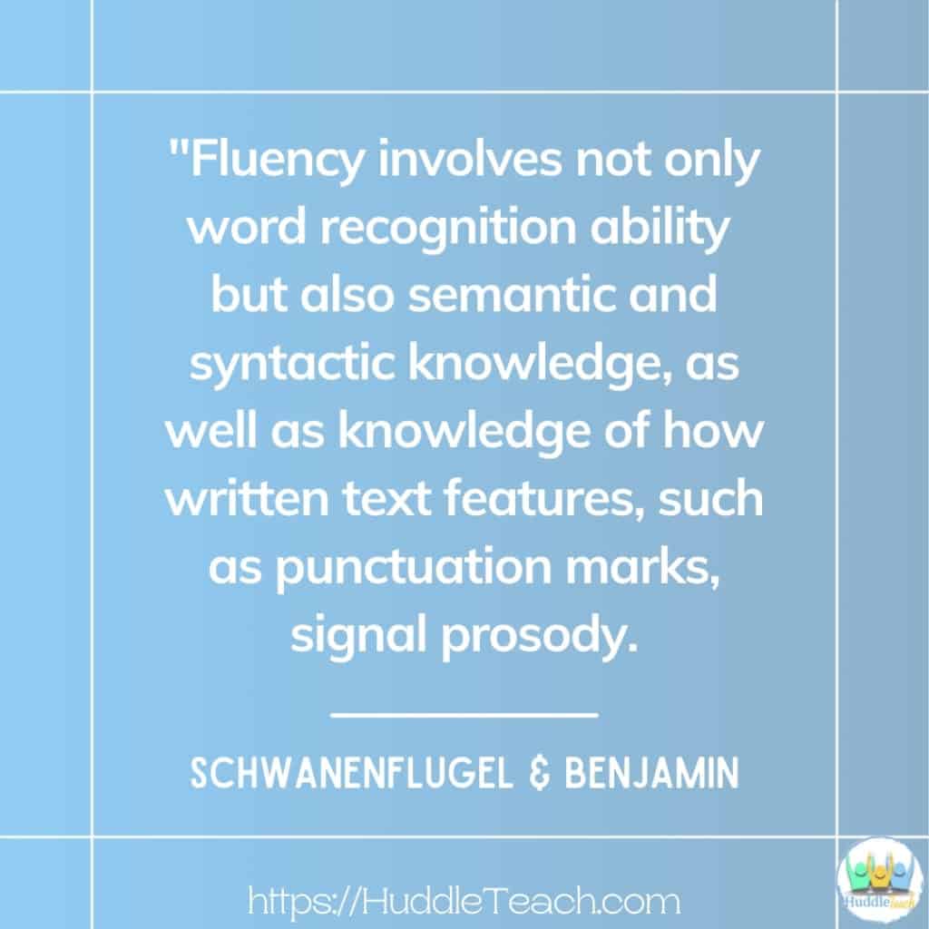 fluency quote in white on blue background to head the blog post fluency skill errors in middle school