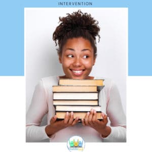 girl holding books on blue and white cover of ebook with title first five days of secondary reading intervention