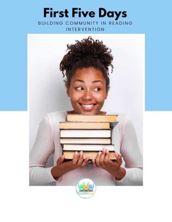 girl holding books on blue and white cover of ebook with title first five days of secondary reading intervention