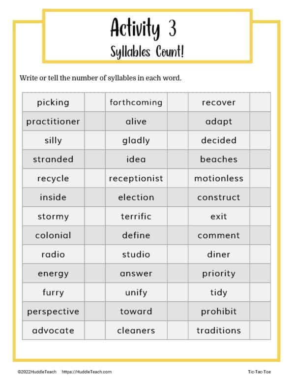 5 Syllable Tic Tac Toe