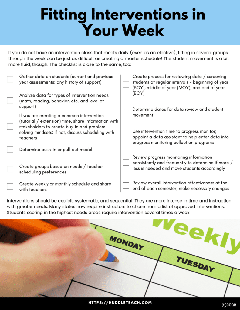 blue and white checklist of things to think about as you create weekly intervention schedules with graphic of calendar at the bottom