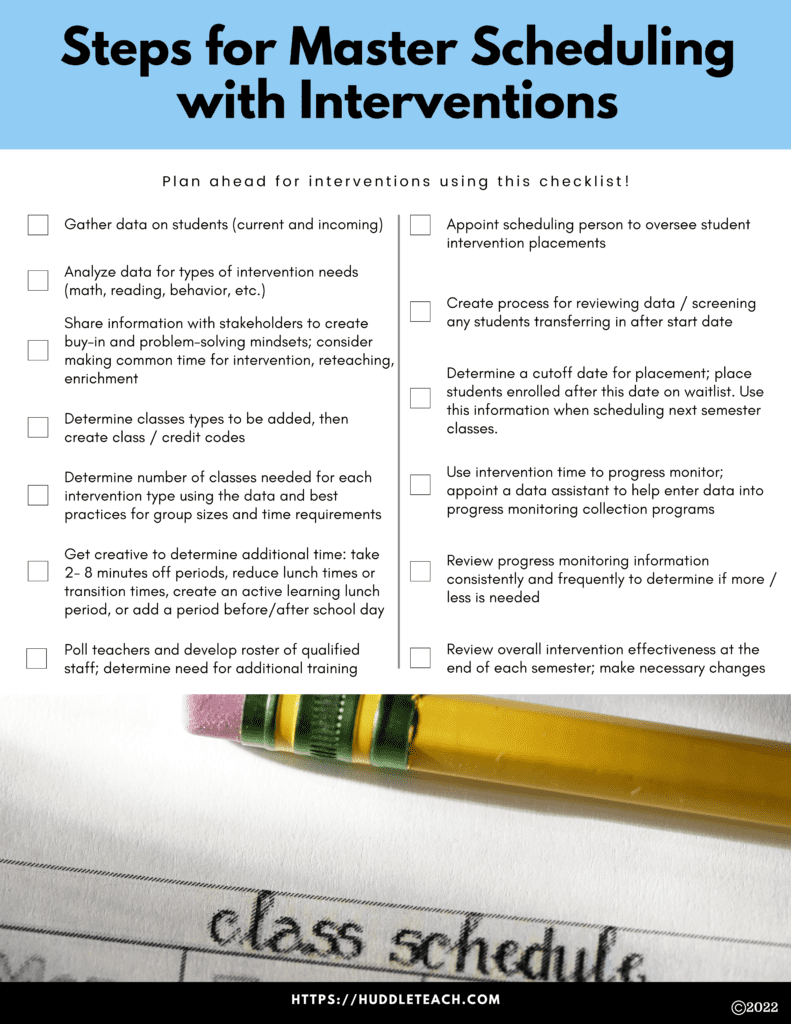 blue and white checklist listing steps to take for creating master intervention schedules with image of pencil at the bottom