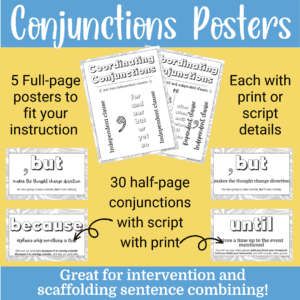 cover art yellow background with images of coordinating and subordinating conjunctions posters