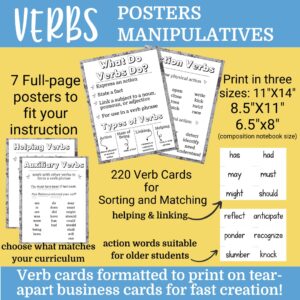 cover of verbs for secondary students in yellow and blue with pictures of verb posters and verb cards for sorting