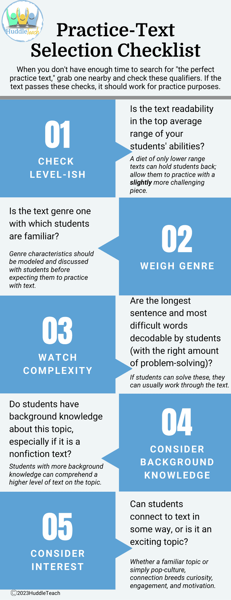 blue gray white graphic listing five things teachers should consider when evaluating texts for use with striving readers