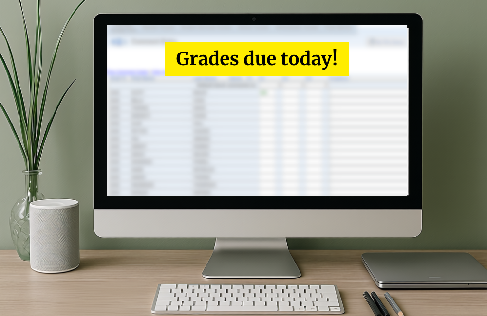 A blurred spreadsheet of grades projected on a computer screen sitting atop a desk